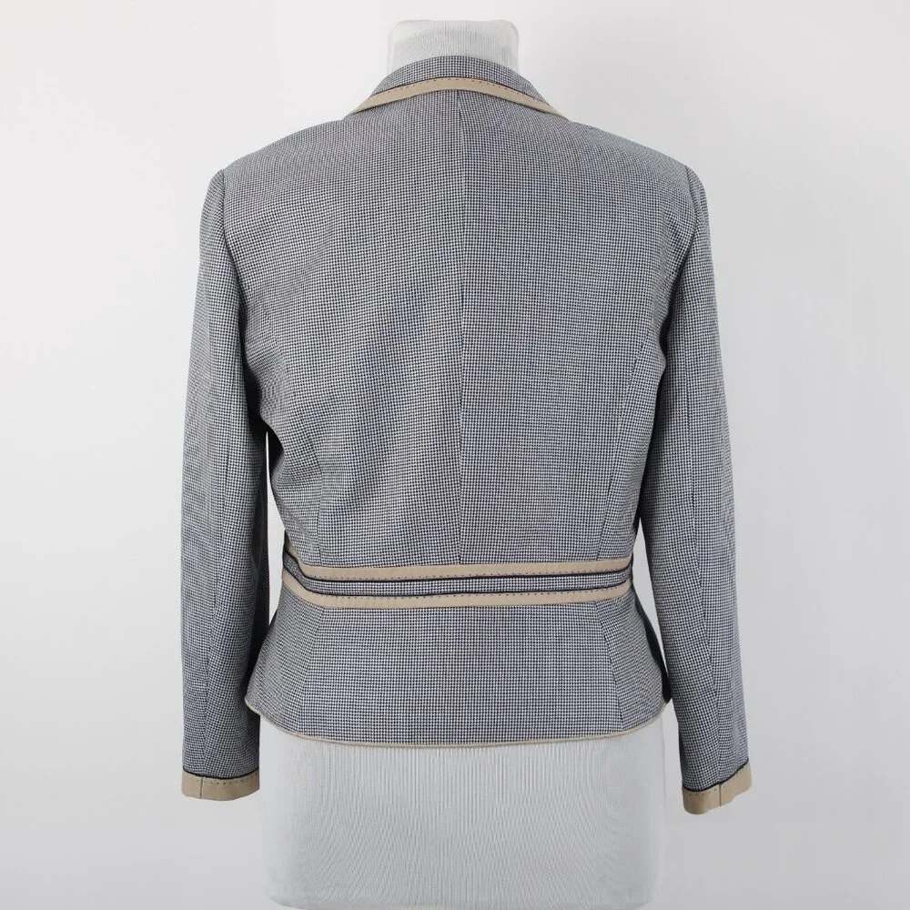 Carlisle Sz 16 Navy Blue White Brown Faux Pockets Lined Silk Wool Cotton Jacket - Picture 7 of 12